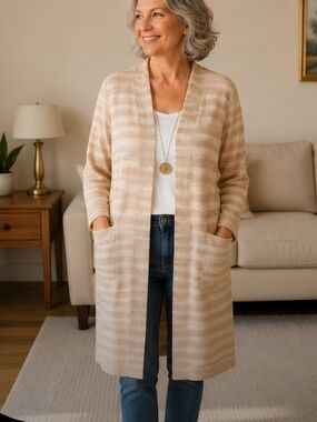 Chico's Cream and Beige Striped Open-Front Long Cardigan 1492 (1) MED